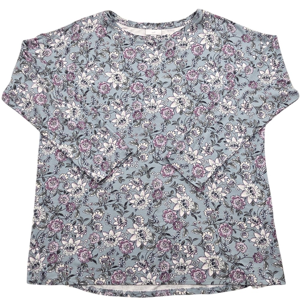 J Jill Border Printed Floral 3/4-Sleeve Knit Top Tunic Blouse Rayon Womens Large